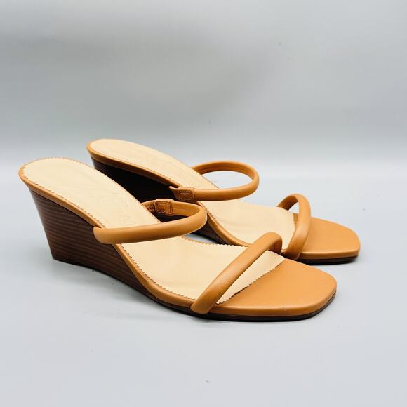 J Crew Sandals Womens 10 Brown Leather Wedge Slide Two Strap Square Toe NEW - Picture 2 of 12